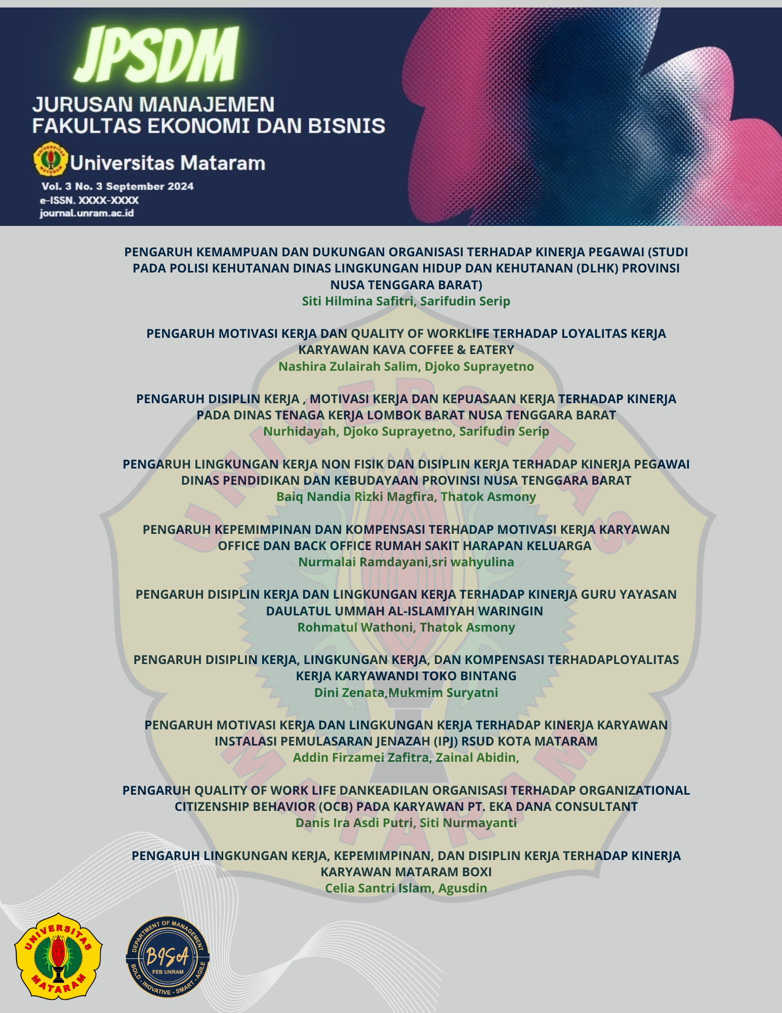 					View Vol. 3 No. 3 (2024): JPSDM (JURNAL PENELITIAN SUMBER DAYA MANUSIA)
				